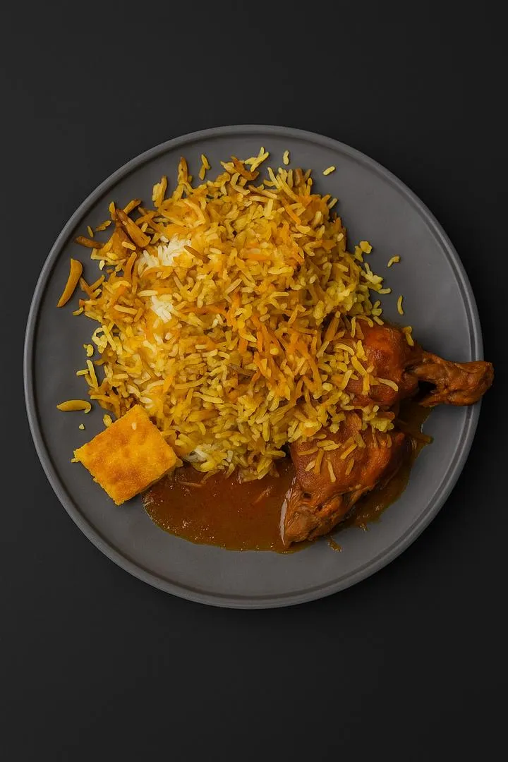 شیرینپلو مجلسی کالانتر؛ برنج زعفرانی با مخلفات شیرین خلالی در کنار مرغ نرم و سس خوشطعم، همراه تکهای تهدیگ طلایی.