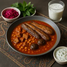 عکس حرفه‌ای خورش قیمه بادمجان مجلسی؛ گوشت و لپه در سس گوجه با بادمجان سرخ‌شده، لیموعمانی و دورچین ماست‌وخیار، ترشی، سبزی خوردن و دوغ محلی روی سفره ترمه.
