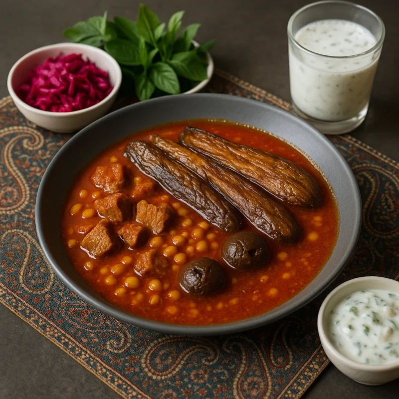 عکس حرفه‌ای خورش قیمه بادمجان مجلسی؛ گوشت و لپه در سس گوجه با بادمجان سرخ‌شده، لیموعمانی و دورچین ماست‌وخیار، ترشی، سبزی خوردن و دوغ محلی روی سفره ترمه.