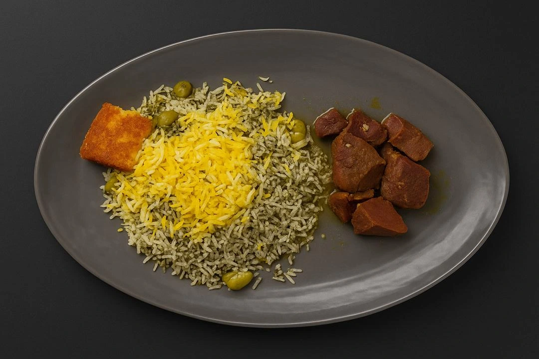 باقالی پلو با گوشت، غذای اصیل ایرانی، غذای مجلسی، برنج ایرانی، تهدیگ زعفرانی، غذای سنتی